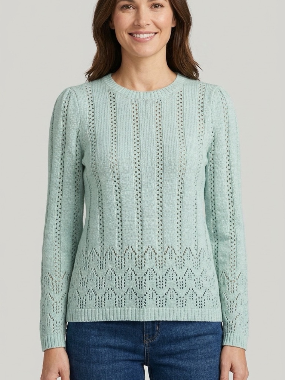 Madison Grey Sage Green Openwork Cotton Crew Neck Sweater , 100% Cotton